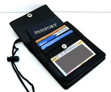 BLACK LEATHER PASSPORT ID Holder Pouch Neck Strap Travel Organizer