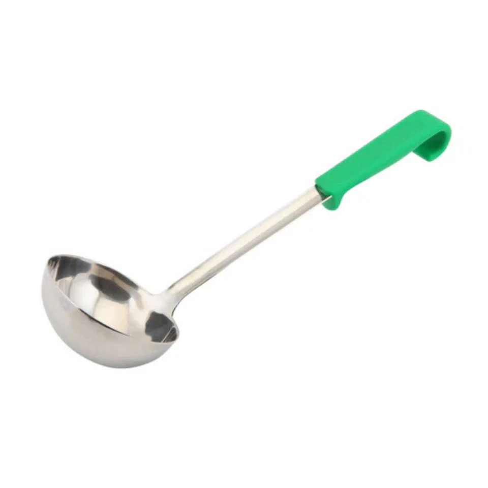 Cucharón de sopa de acero inoxidable mango verde cuchara para servir cocina para guisos, caldos Foto 2 de 4