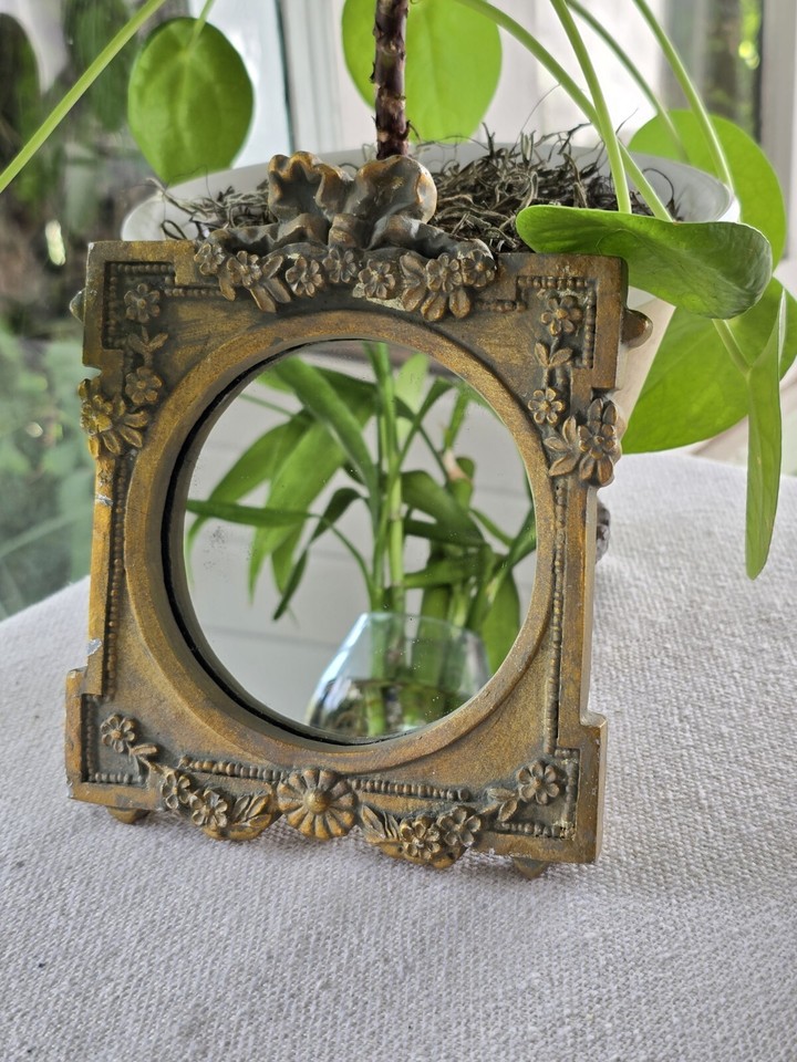 Vintage MCM Bombay Company Gold Square Framed Round Mirror Mini 6"x 5