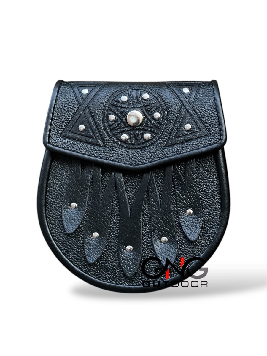 Men's Scottish Black Leather Kilt Sporran Leather Tassel with