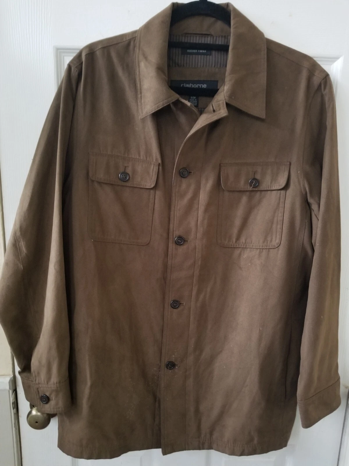 Claiborne Outerwear Mens Sueded Finish Light Brown Shirt Jacket Striped Lining S