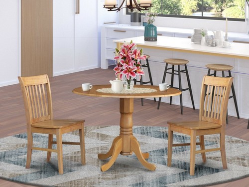 3pc dinette set round 42" kitchen drop-leaf table + 2 wood seat chairs in black - Picture 11 of 12