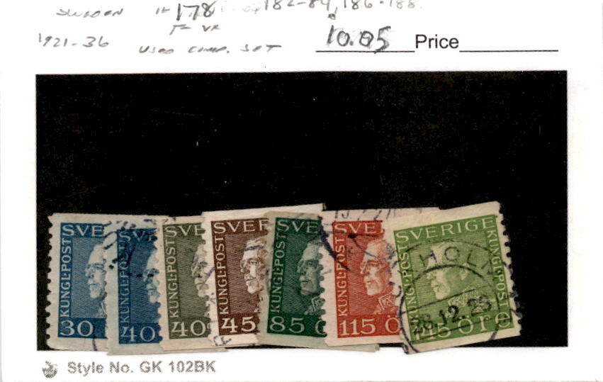 Sweden, Postage Stamp, #178, 182-184, 186-188 Used, 1921 King