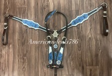 Western Brown Leather Bling Tack Set Blue Printed Inlay / Buckstitch  Conchos
