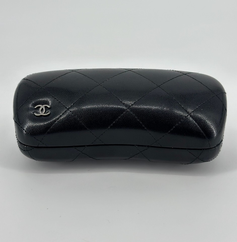 Chanel Sunglass Case Black Quilted Clamshell Made in Italy Good