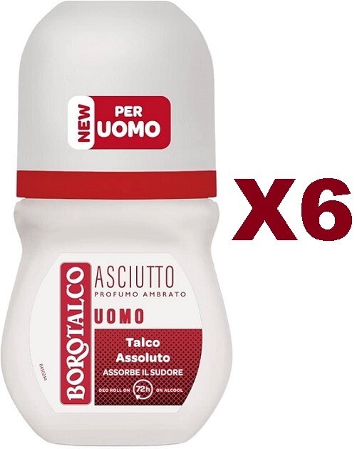 6 PEZZI BOROTALCO ASCIUTTO UOMO ROLL ON PROFUMO AMBRATO DEODORANTE 50ML TALCO