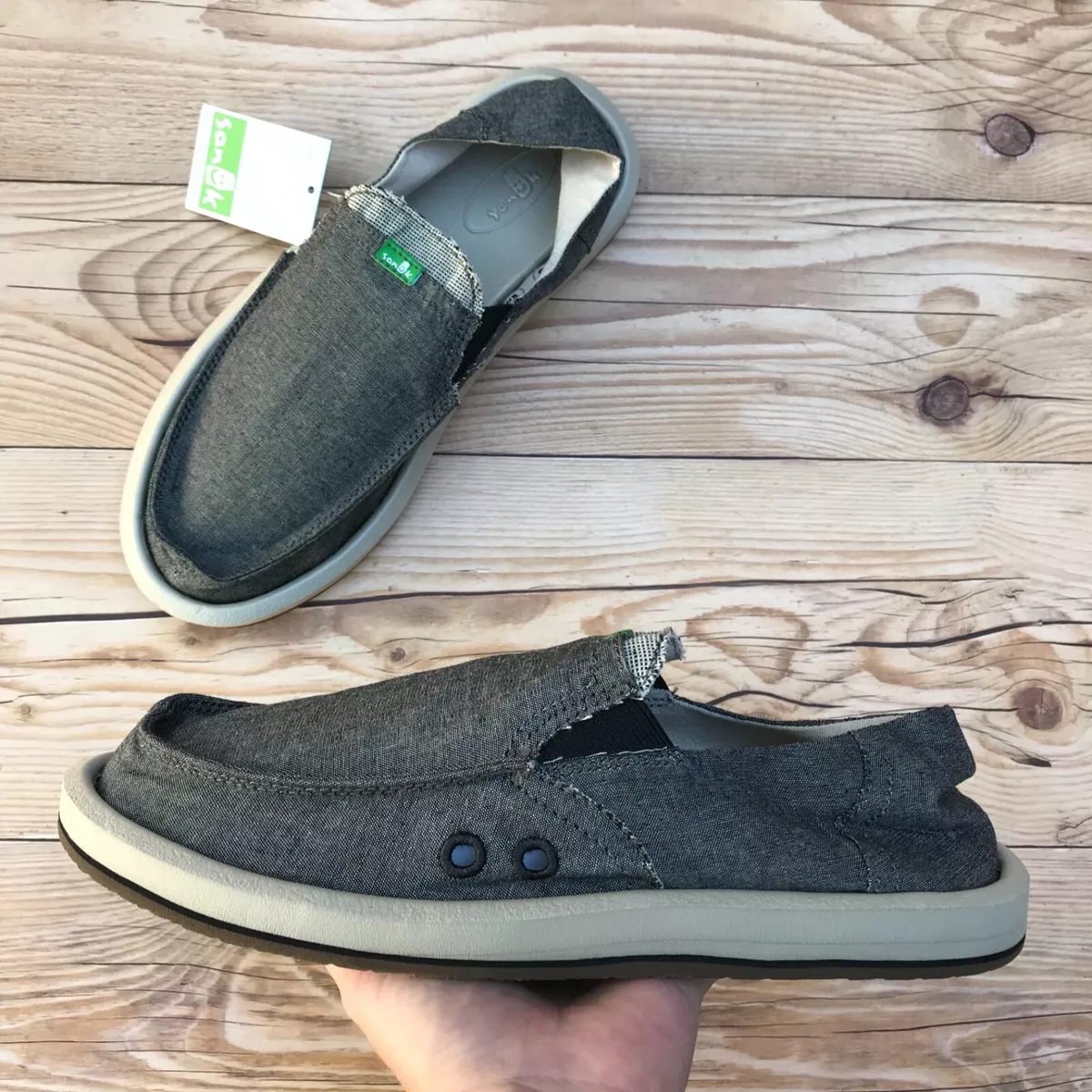 *New* Sanuk Pick Pocket TX Sidewalk Surfer Shoes Black Chambray Men's Size 7