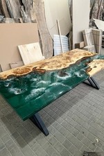 Solid Poplar Wood Dining Table with Green Epoxy Resin River Unique Live Edge,