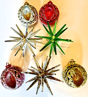 Lot MCM Bradford Plastic Ornaments: Starburst Sputnik (3) Filigree Balls (4)