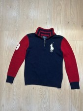 Polo Ralph Lauren Boys Quarter-Zip Sweater Navy Red Big Pony Size M 10-12