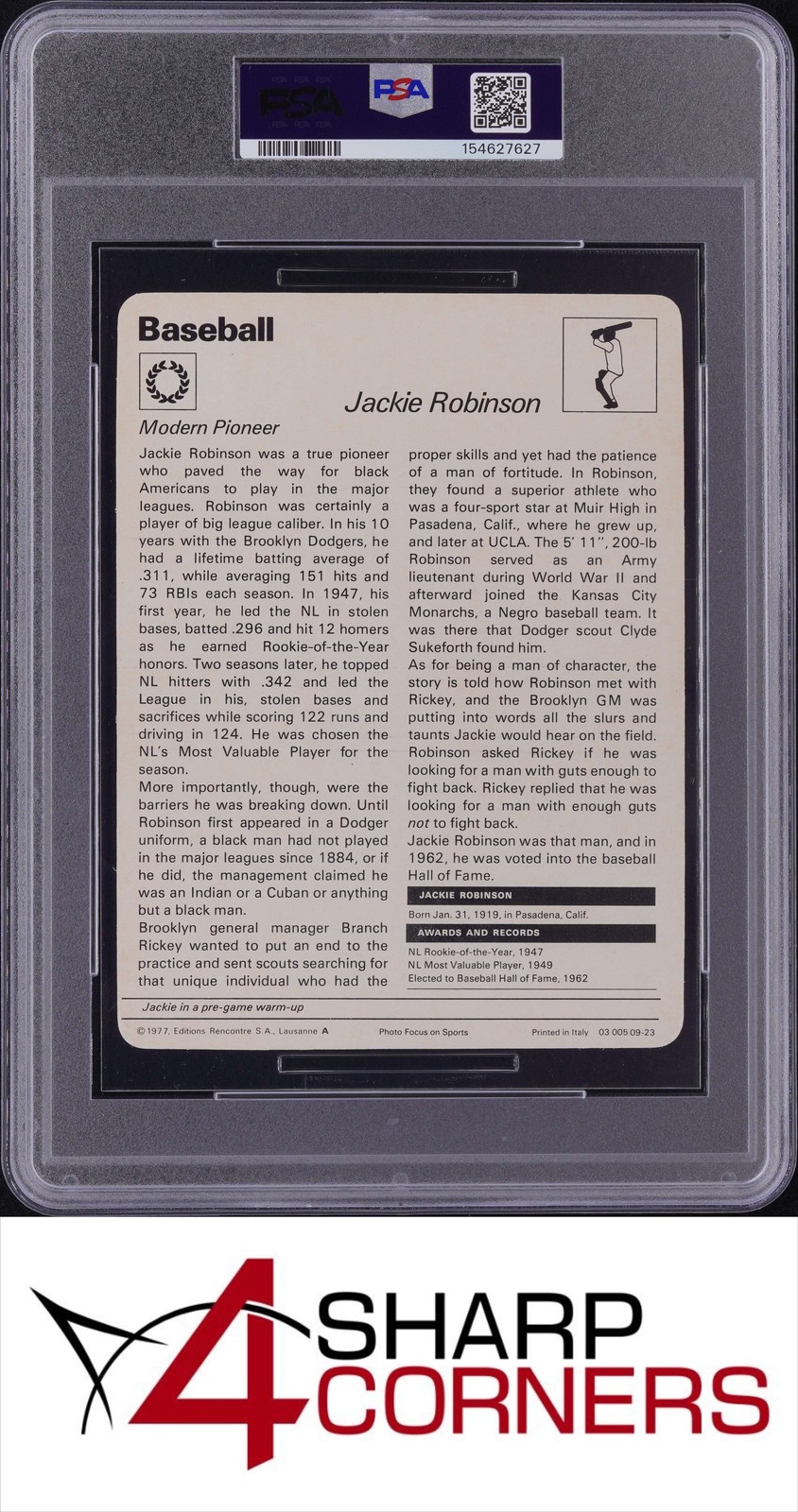 1977-79 SPORTSCASTER ITALY #09-23 JACKIE ROBINSON HOF POP 5 PSA 7 view 2