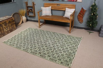 Turkish 4,1x6,7 ft Rug, Area Vintage Rug, Green Brown Ikat Wool Rug