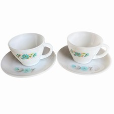Fire King Anchor Hocking Blue Floral Coffee Tea Cup Milk Glass Floral Set Of 2