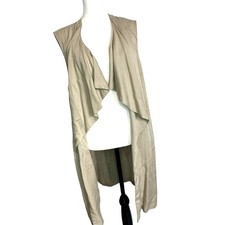 CHICO'S  2 Large Draped Long Vest Cardigan Lightweight Tan Khaki Pockets Ruffle