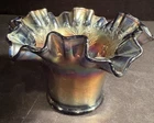 Antique Carnival Glass Bowl Holly Hat Ruffle Edge Iridescent Cobalt Fenton?