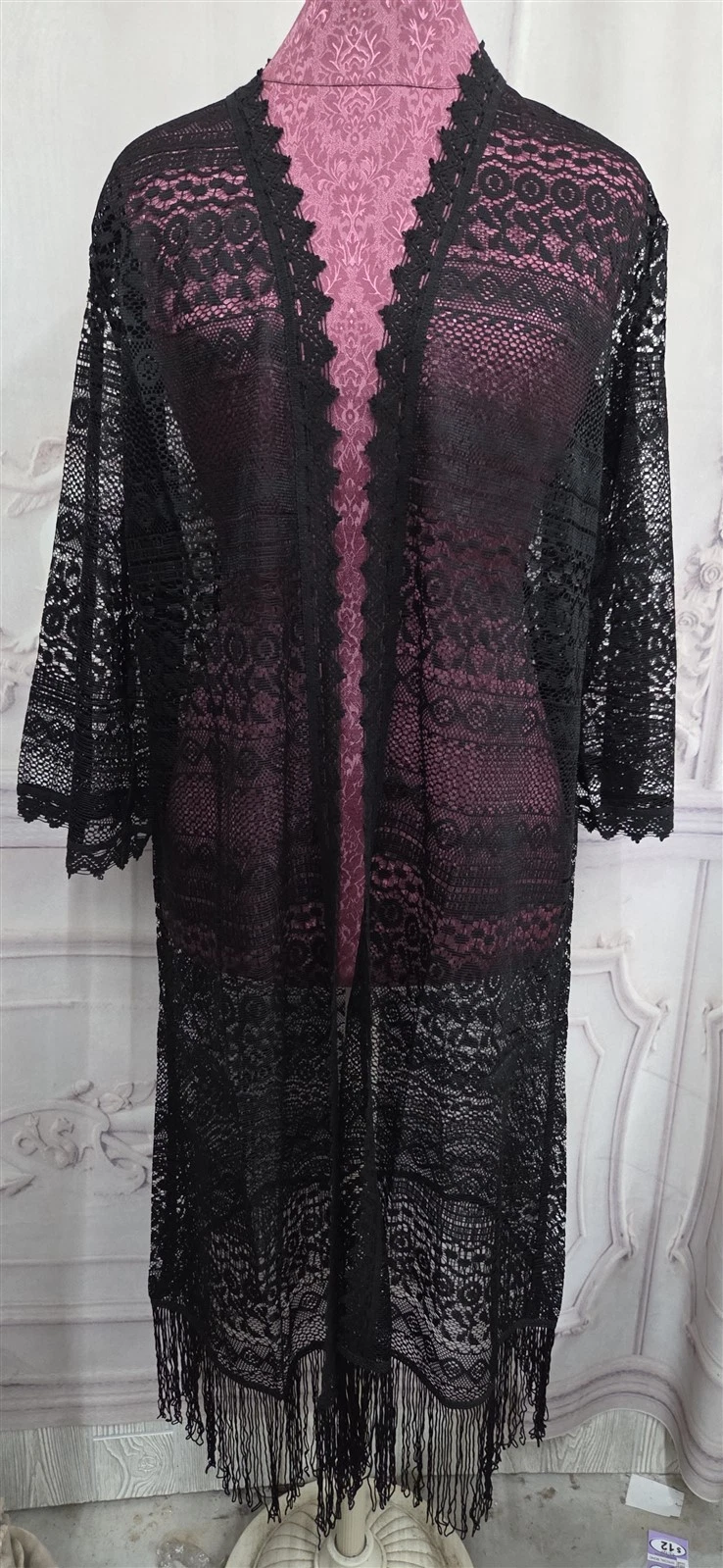 Victorian Trading Coraline Floral Lace Fringe Duster Cover-Up Jacket Black 34F