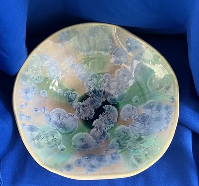 Vintage Blue-Green Crystalline Glaze Studio Pottery Bowl Dish Signed 10''
