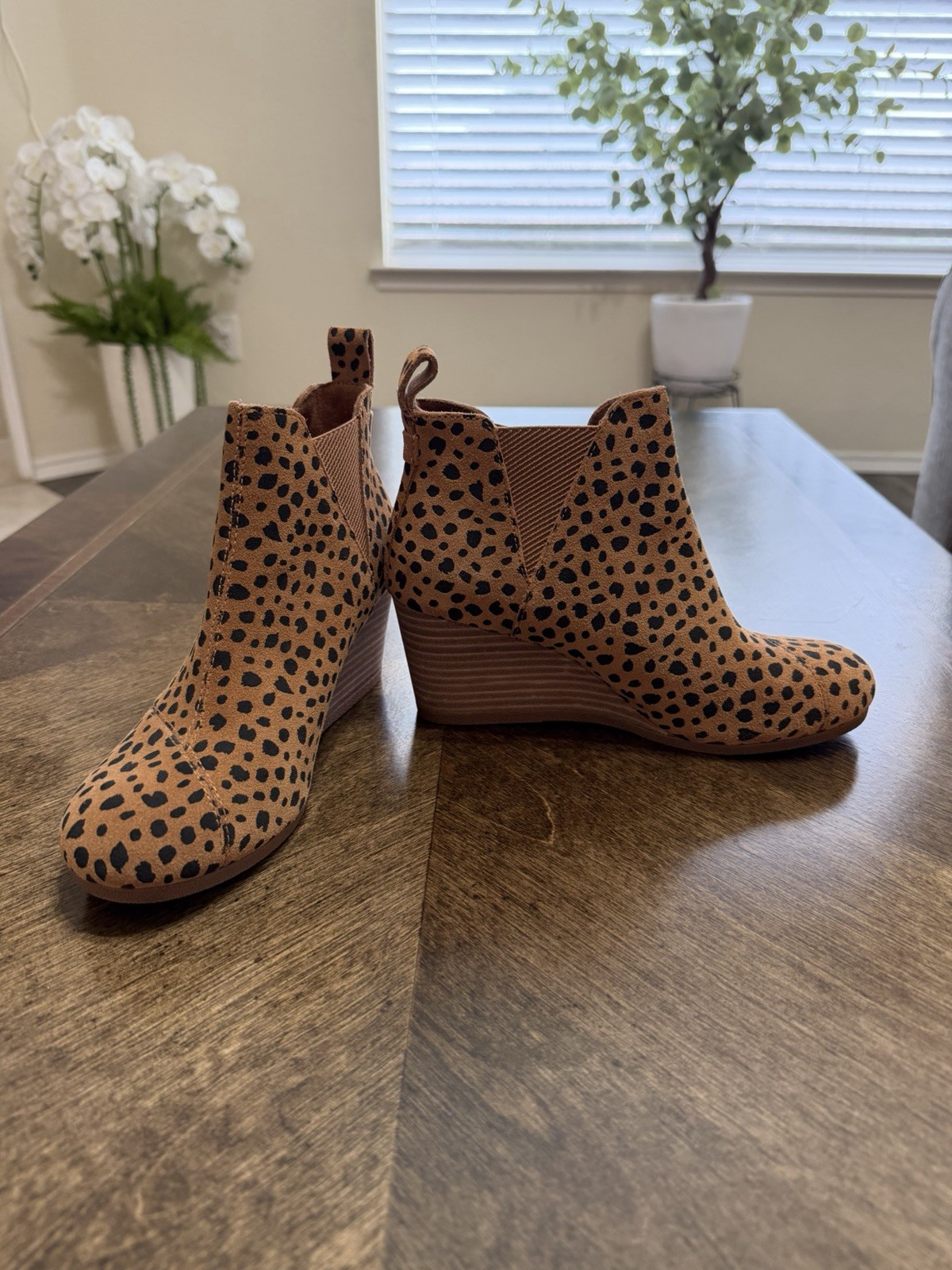 TOMS Women’s Animal Print Ankle Bootie Tan/Black Faux Suede Pull-On Wedge