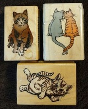 3 Comotion Wood Mounted Rubber Stamps LOVING CATS, CAT, PLAYFUL KITTEN