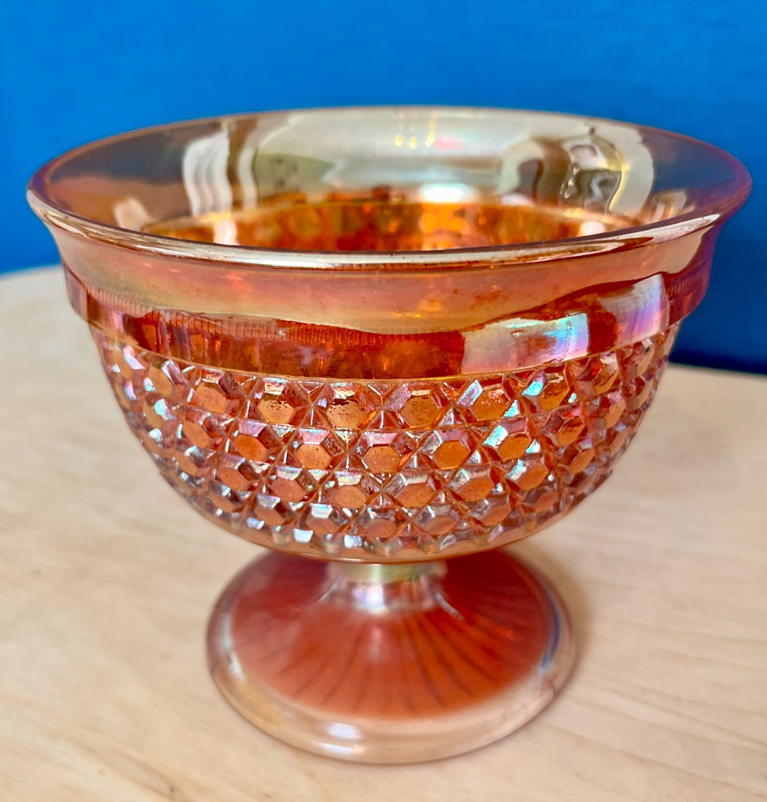 Vintage Marigold Carnival Glass Pedestal Bowl Compote Diamond Pattern Fruit Dish image 5