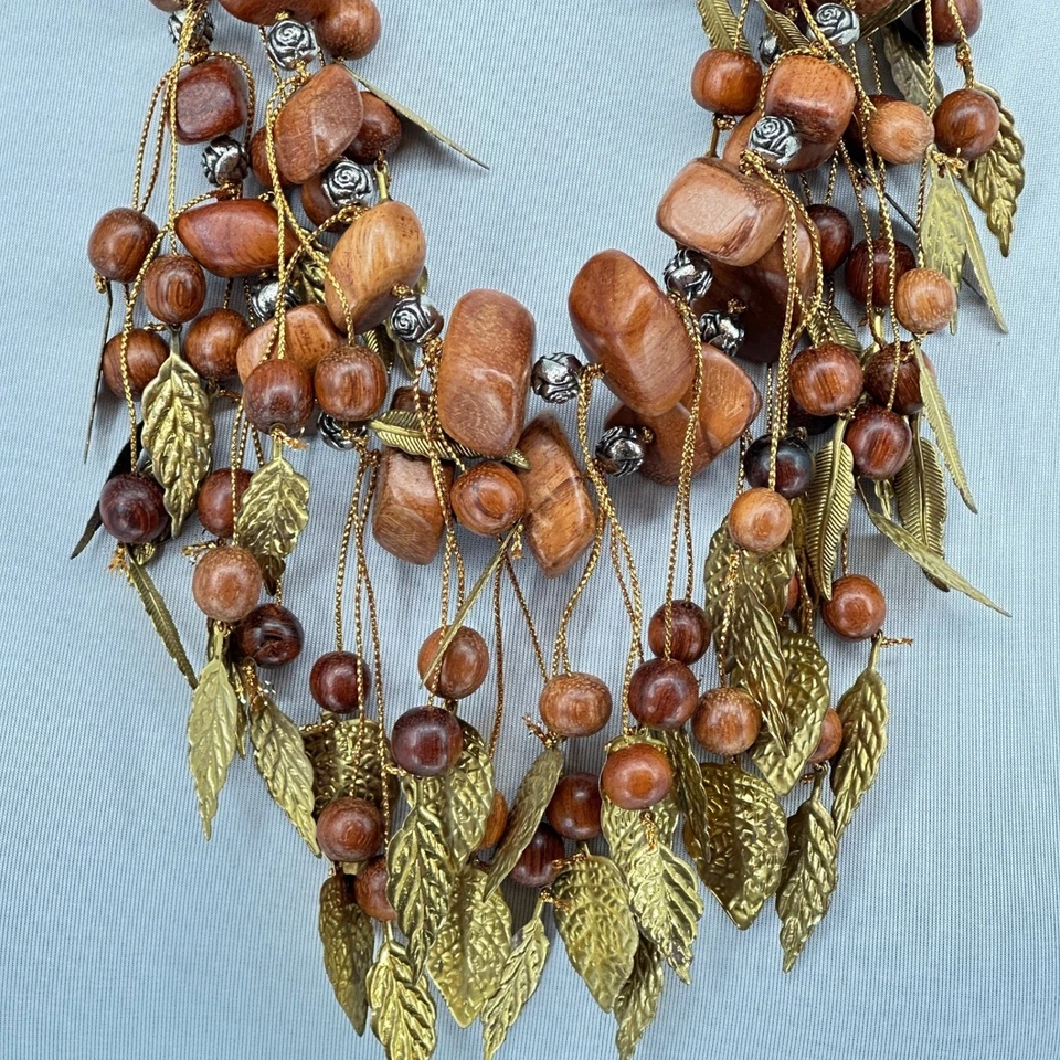 Conjunto de brincos de colar de contas de madeira declaração folhas de ouro bijuterias fantasia - Imagem 2 de 4