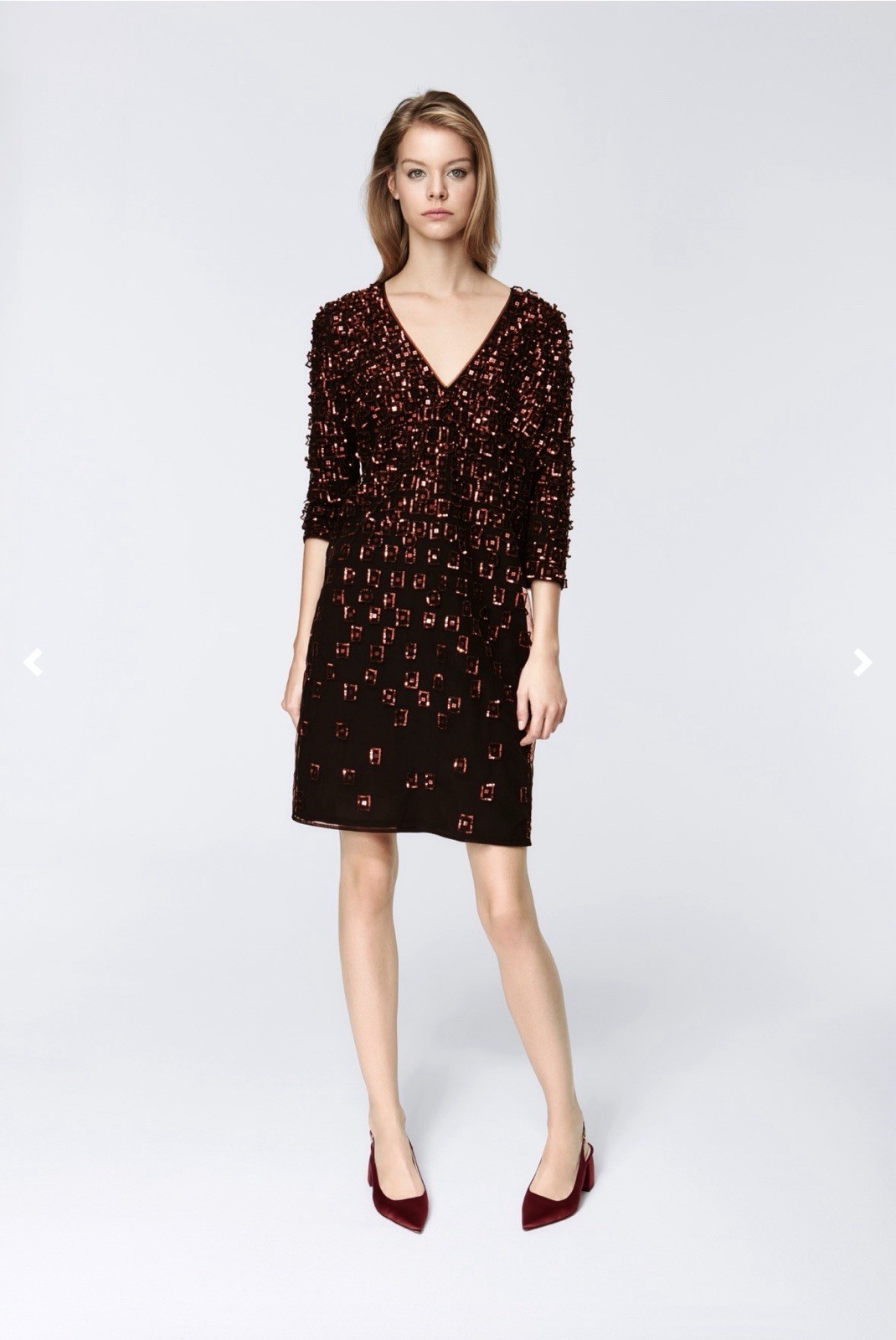 Escada Runway Sequin Cocktail Dress Burgundy Silk Lined Designer EU 36