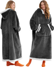 Sherpa Fleece Hooded Blanket Hoodie, Wearable Throw Pocket Dark Grey Set