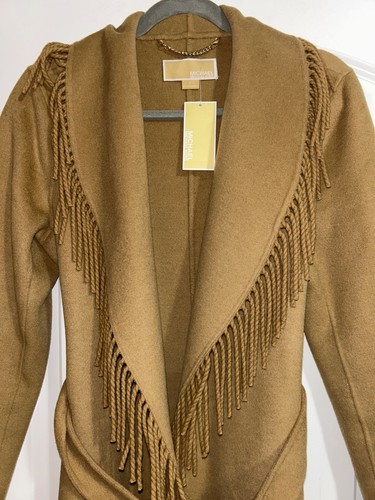 Cappotto donna MICHAEL Michael Kors misto lana frange avvolgente taglia S nuovo con etichetta cammello - Foto 3 di 10