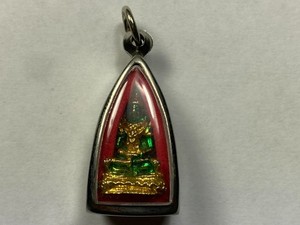 Green and Gold Buddha Statue Amulet in Two-sided Acrylic and Metal Case