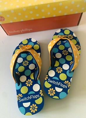 FITFLOPS SWITCHFLPS Sandals Girls M 12 13 ALDEN Blue Flower Yellow Wedge  NIB