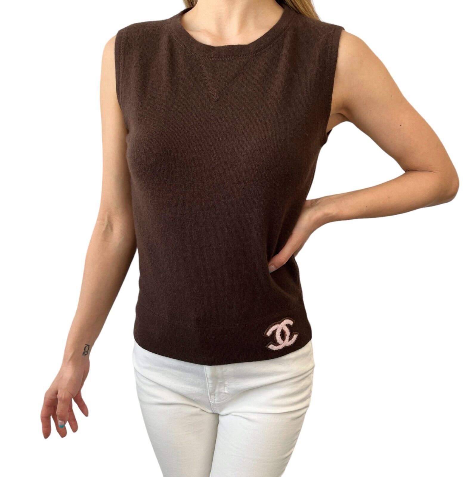 CHANEL Sport Vintage 03P Big CC Mark Top Swim T-shirt #38 Beige