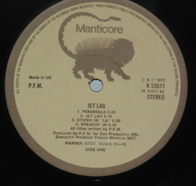 P.F.M. Jet Lag UK LP 1977 Manticore VG+ K53511 Premiata Forneria
