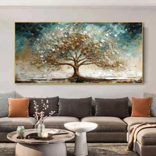 Abstract Gold and Blue Winter Tree Canvas Painting Wall Art Rich Tree Poster