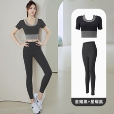 Womens Slim Running Yoga Suits with Pads,Fitness Short Sleeve Sports Tops Tights