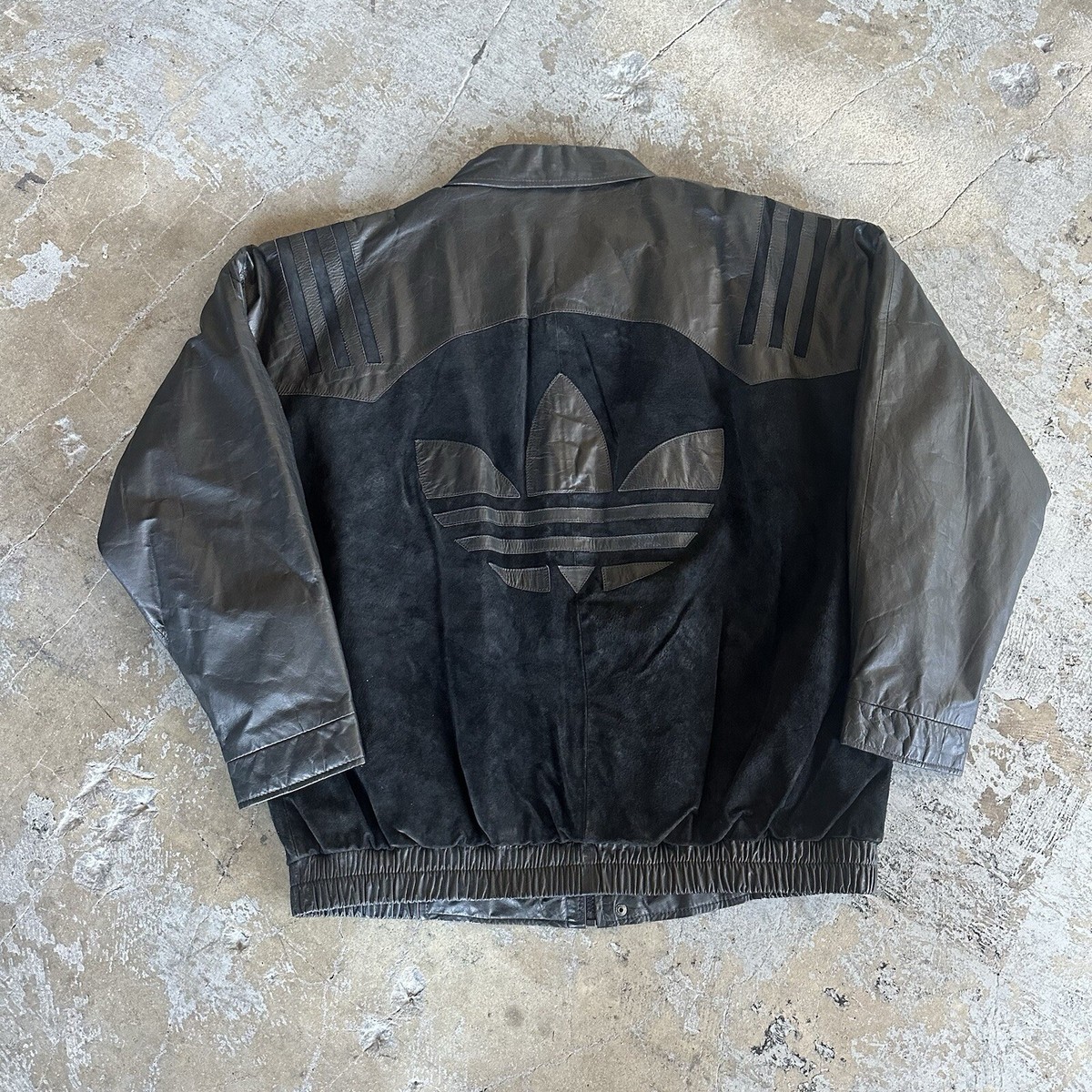 Vintage 80s Adidas Trefoil Logo Leather Suede Black Jacket XL Run 