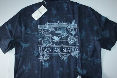 Tommy Bahama Camp Shirt Hawaiin Islands Blue Embroidered Panelback Medium M