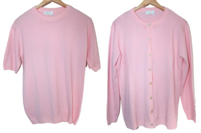 Size UK 16 PETER HAHN Twinset Pink Pure Tasmanian Wool Cardigan Sleeveless Shell