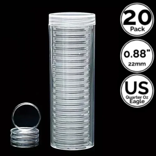 20 Pk 0.88 IN 22 mm Coin Capsule Holders w/ Tube Fit 4 US ¼ Gold Platinum Eagle
