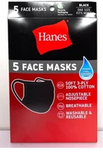 5 Pack Hanes Face Masks - Black Cotton Reusable Mask Buy 1 Get 1 Free !!!!!!!
