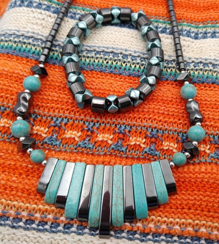 Turquoise Treasures~~(3) Beautiful Necklaces~~Turquoise & Hematite + Bracelet - Picture 3 of 3