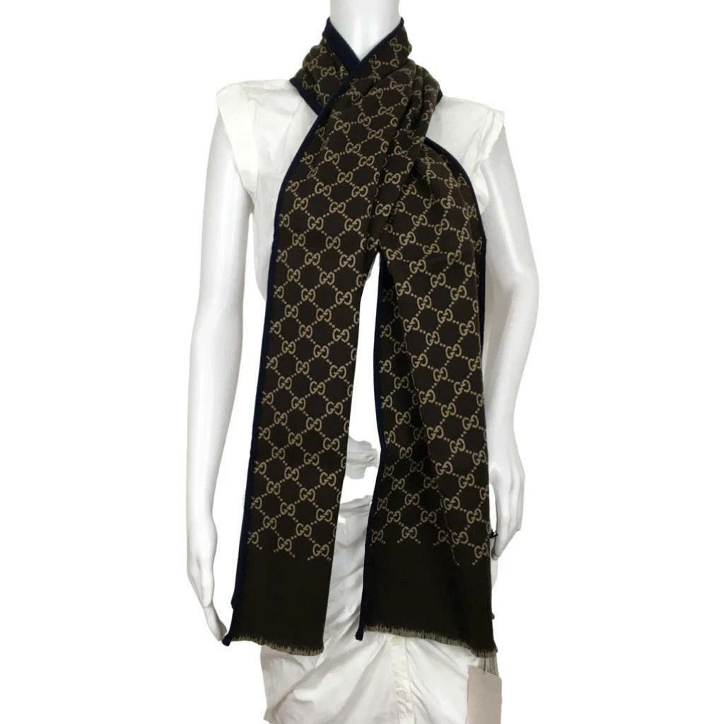 Gucci Foulard Femme Double Face Bleu Autre Côté Marron Beige Monogramme GG