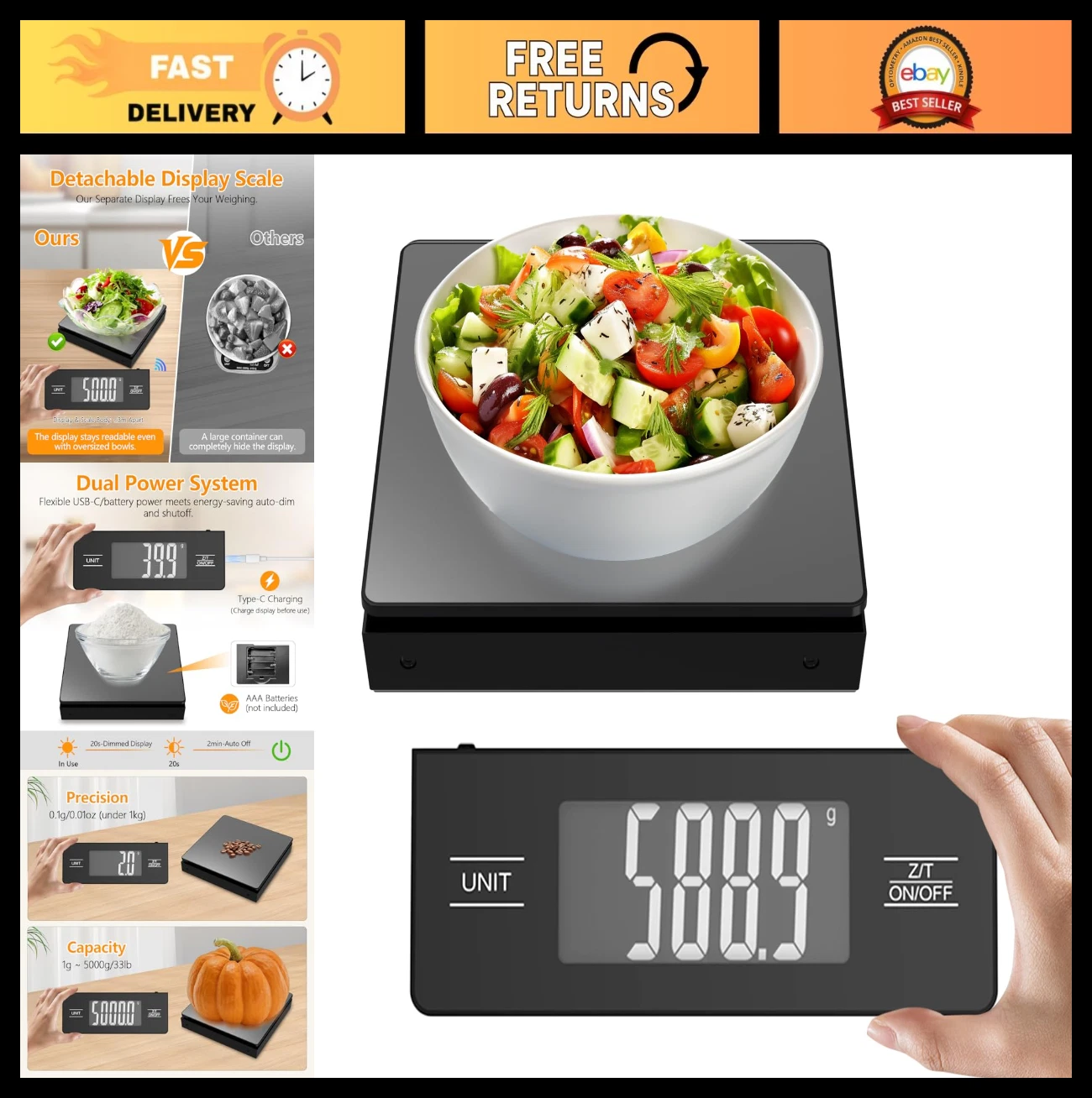 Wireless Digital Kitchen Scale, 11lb/5kg Capacity, 1g Precision, Stainless Steel