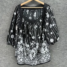 I.N. Studio Blouse Women 2X Plus Black Floral 3/4 Sleeve Round Neck Casual
