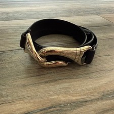 Chicos Genuine Black Leather Metal Clasp Hook Adjustable Belt Womens M/L