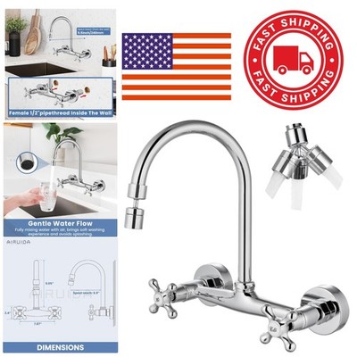 8 Inch Center Wall Mount Kitchen Faucet with Dual Cross Handles and Sprayer