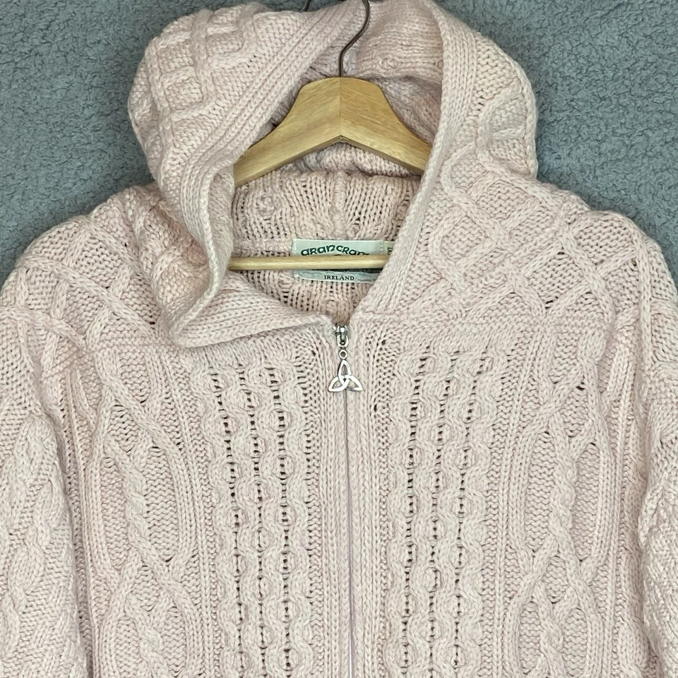 Aran Crafts 2XL Pink Merino Wool Cable Knit Zip Hooded Cardigan Womens Sweater - Image 2 of 4