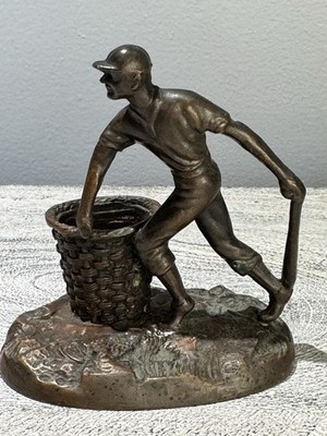 Bronze Statue Figure Match Toothpick Holder Baseball Player Antique