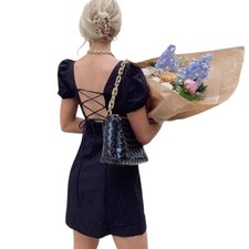 Zara Black Lace-up Back Puff Sleeve Mini Dress Size XS