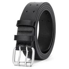Men Double Prong PU Leather Belt Casual XL-Suit for Waist Size Below 45 Black
