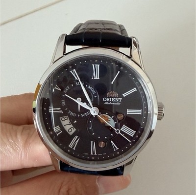 Orient Sun & Moon Automatic Wristwatch Black Dial Leather Strap Moon Phase 50m